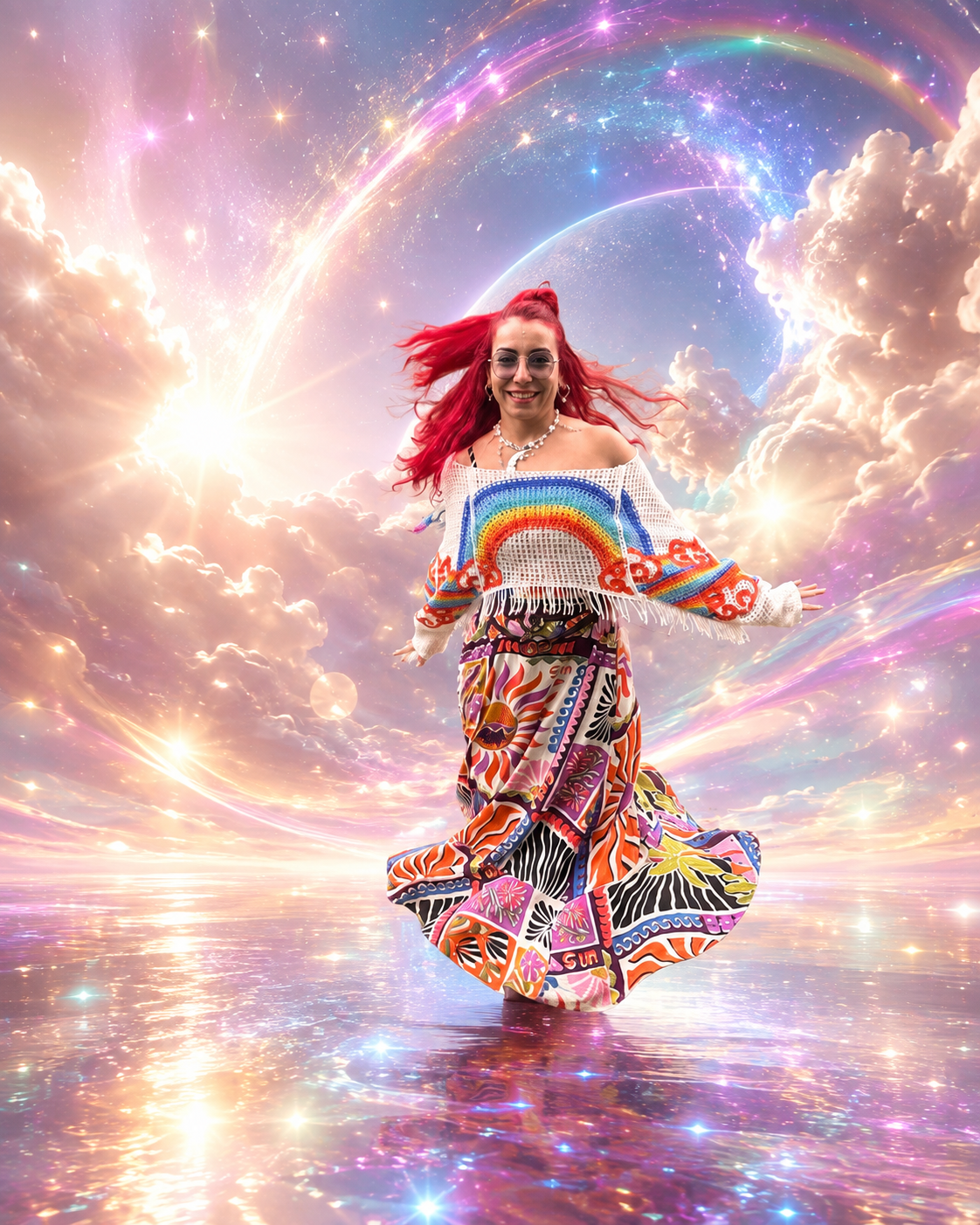 Sine Yildirimli with a swirling rainbow and cosmic sky